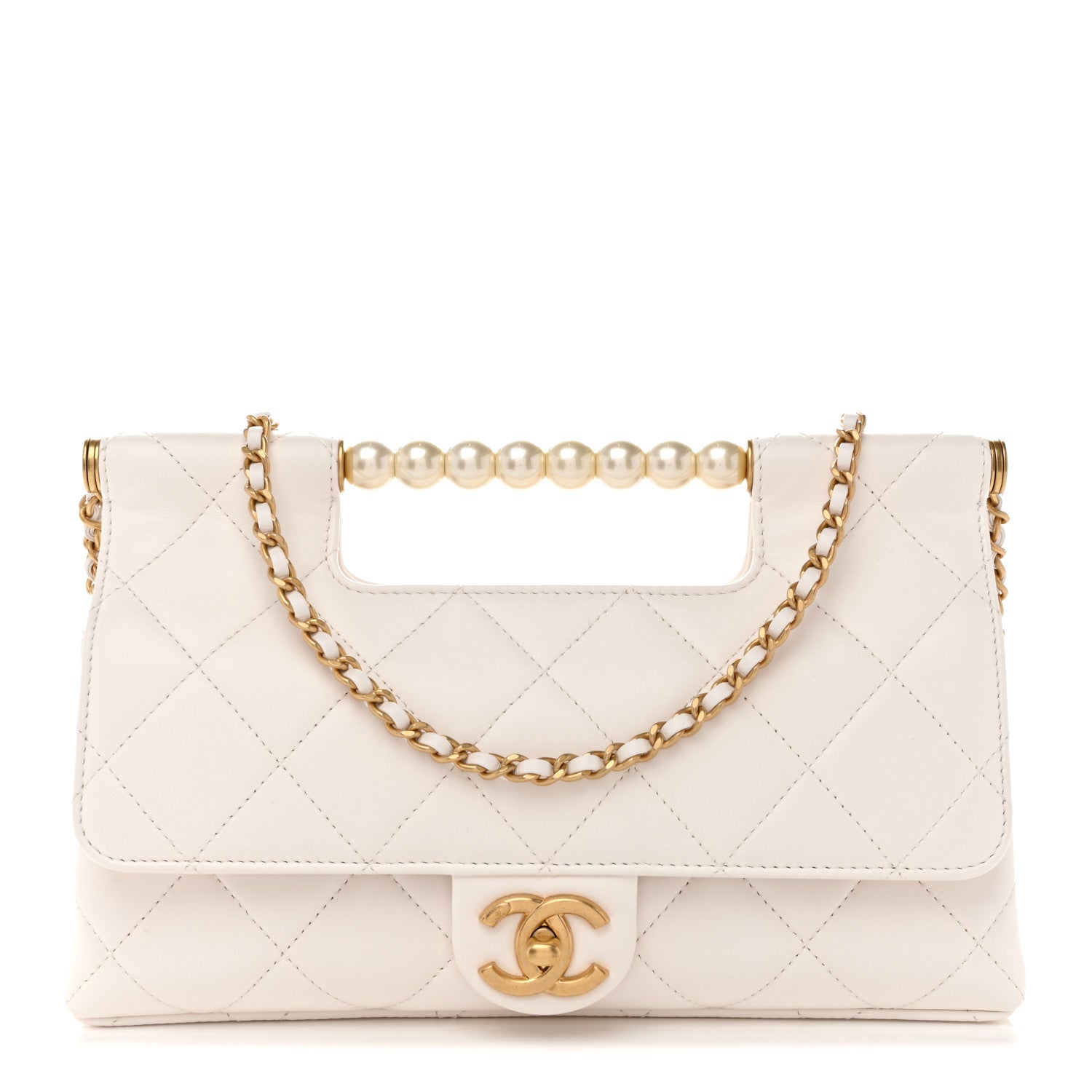Chanel Shiny Lambskin Pearl Top Handle Flap Shopping Bag White