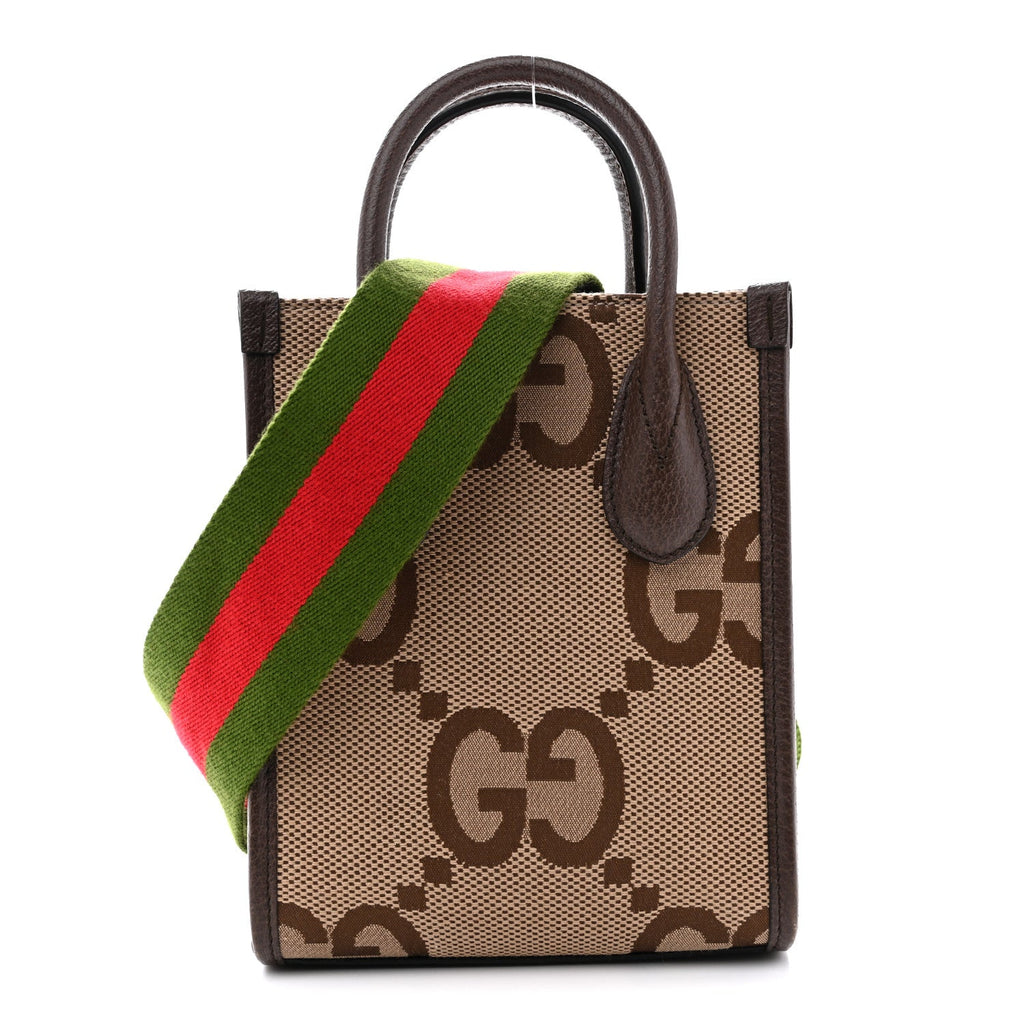 Gucci Monogram Jumbo GG Textured Dollar Calfskin Web Mini Vertical Tote Camel Ebony New Acero