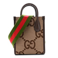 Gucci Monogram Jumbo GG Textured Dollar Calfskin Web Mini Vertical Tote Camel Ebony New Acero