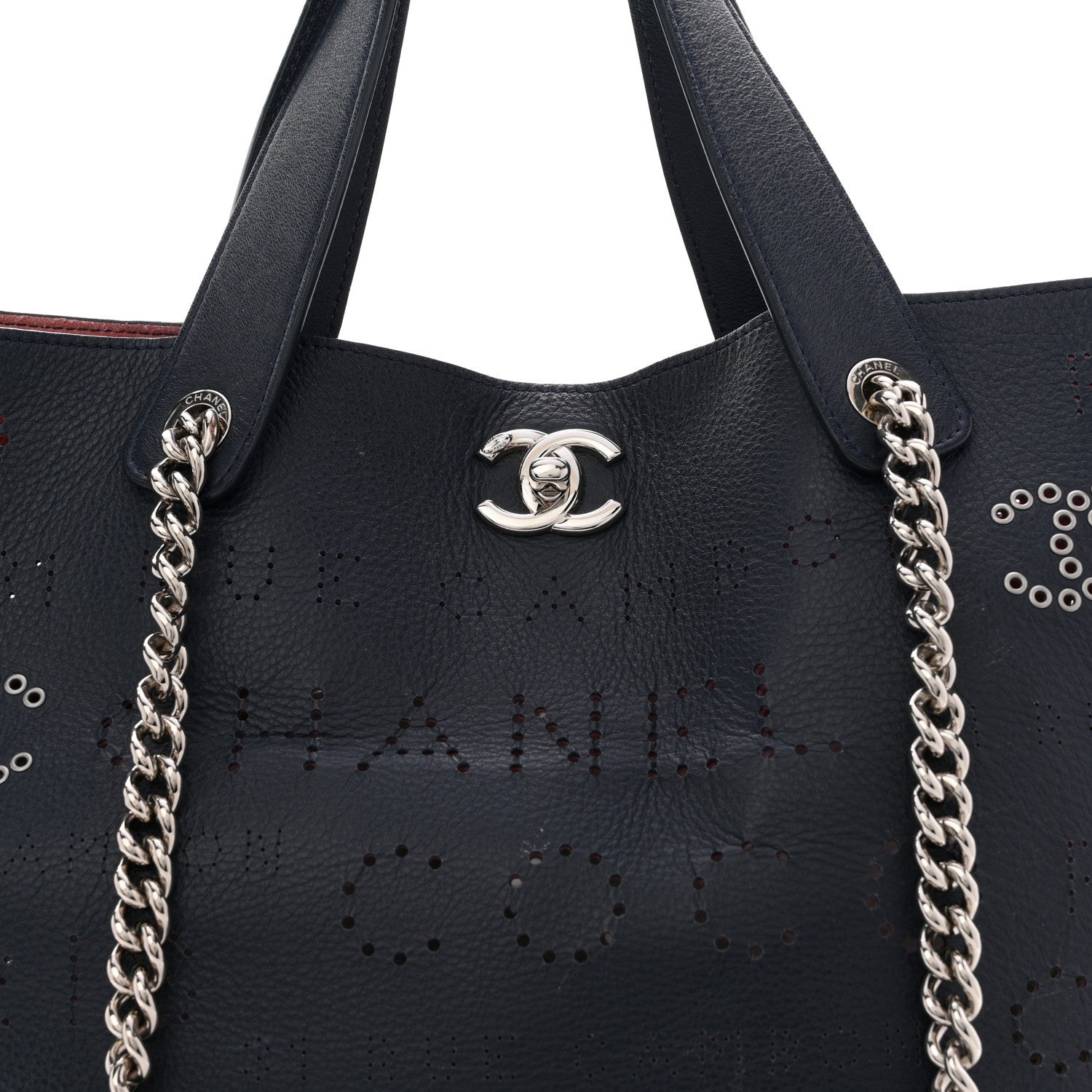 Chanel Calfskin Tweed Small Logo Eyelets Shopping Tote Navy Blue