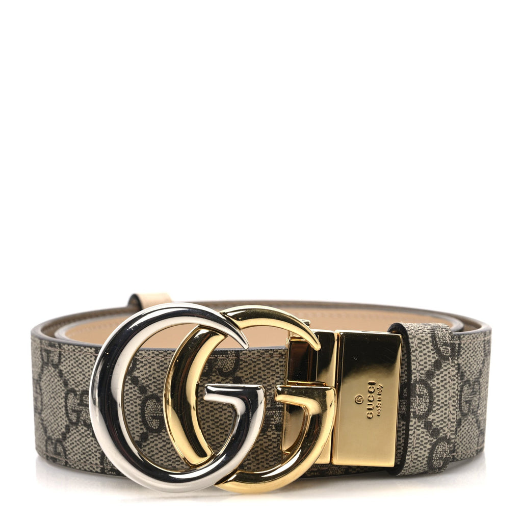 Gucci GG Supreme Monogram Plutone Calfskin Double G Reversible 37mm Belt  75 30 Beige Ebony Souffle Rose