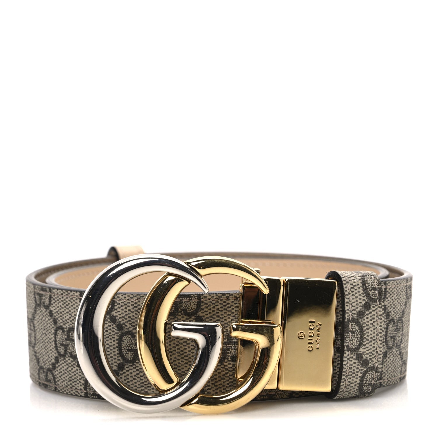 Gucci GG Supreme Monogram Plutone Calfskin Double G Reversible 37mm Belt  75 30 Beige Ebony Souffle Rose