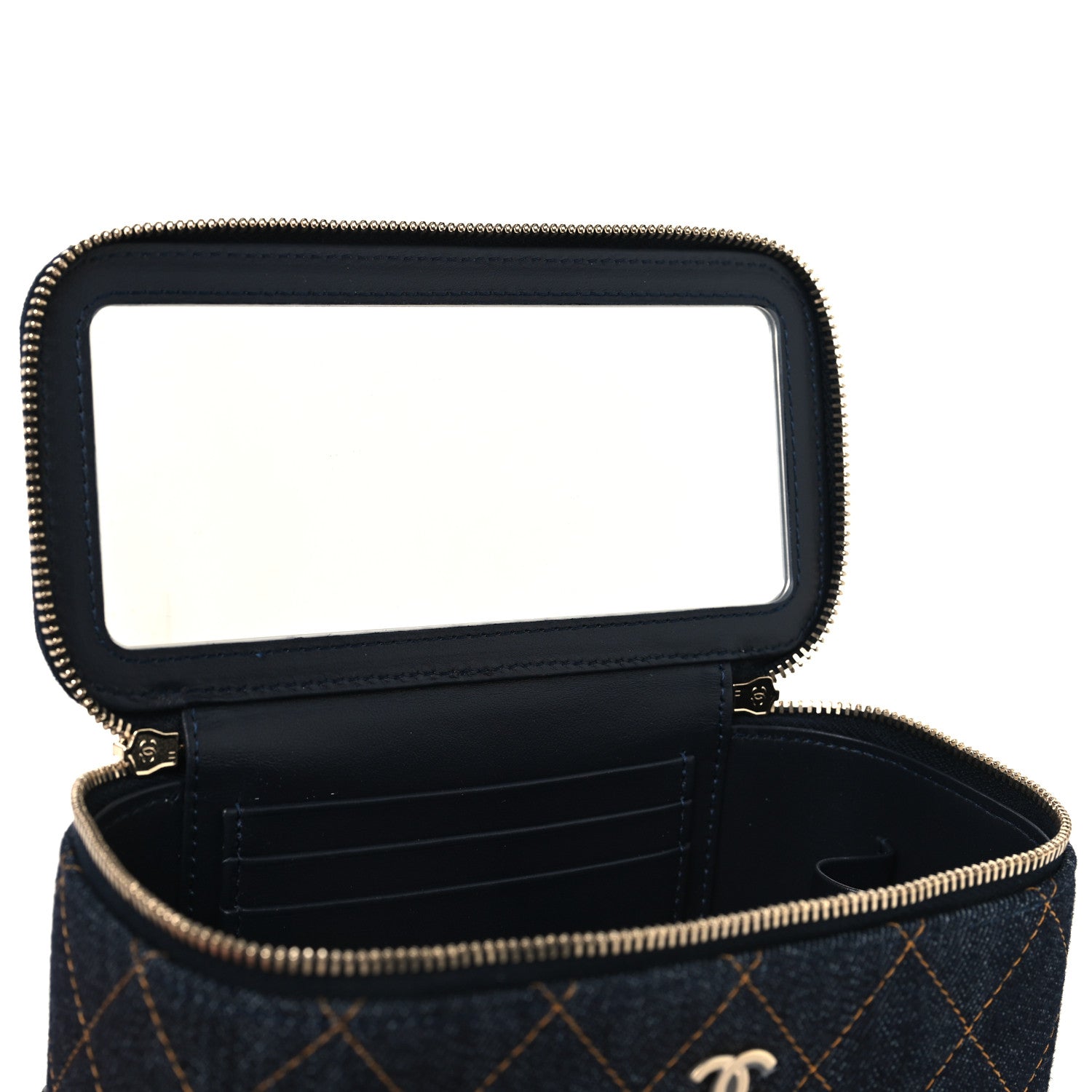 Chanel Denim Quilted Vanity Case With Chain Dark Blue
