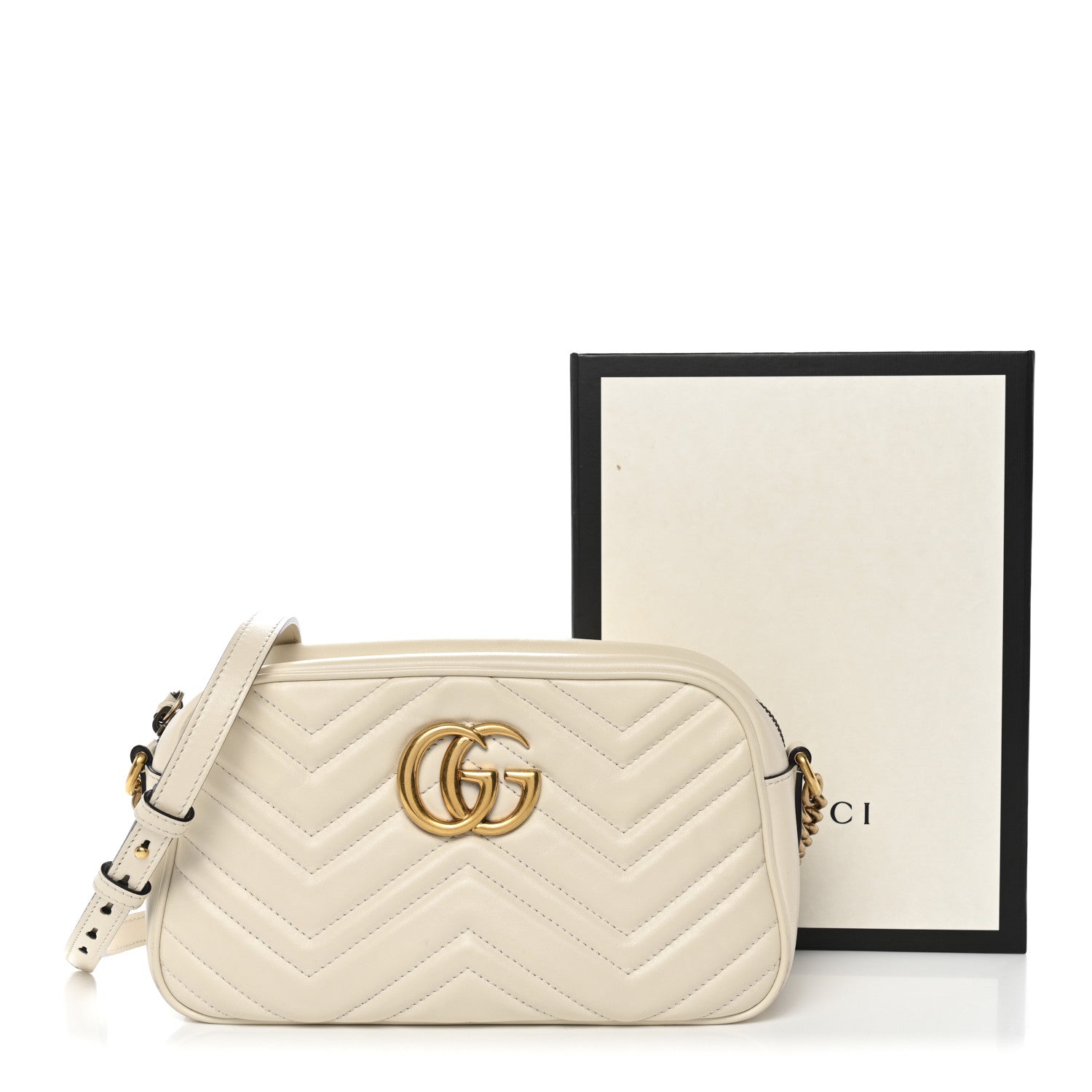 Gucci Calfskin Matelasse Small GG Marmont Chain Shoulder Bag White