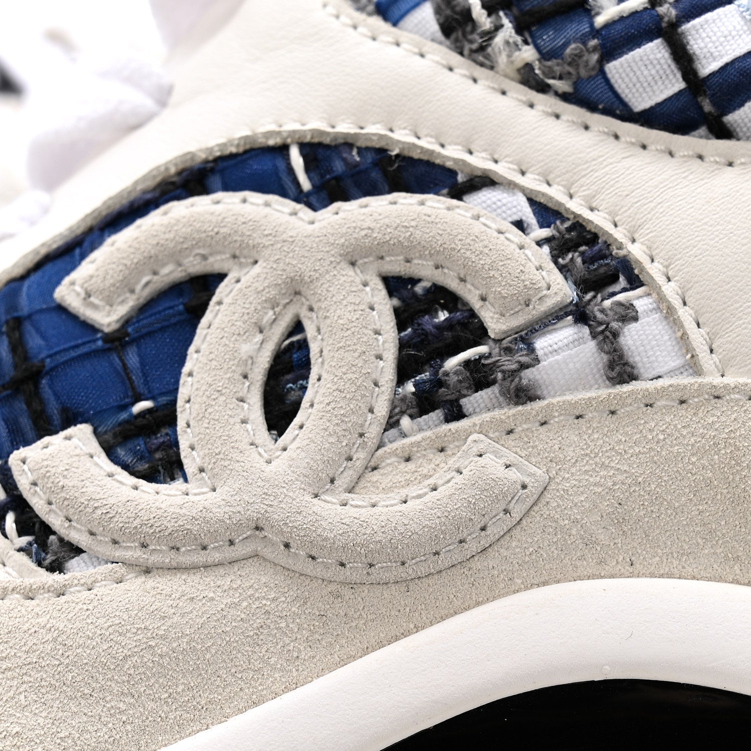 Chanel Tweed Suede Calfskin Womens CC Sneakers 38 Dark Blue Black Grey White