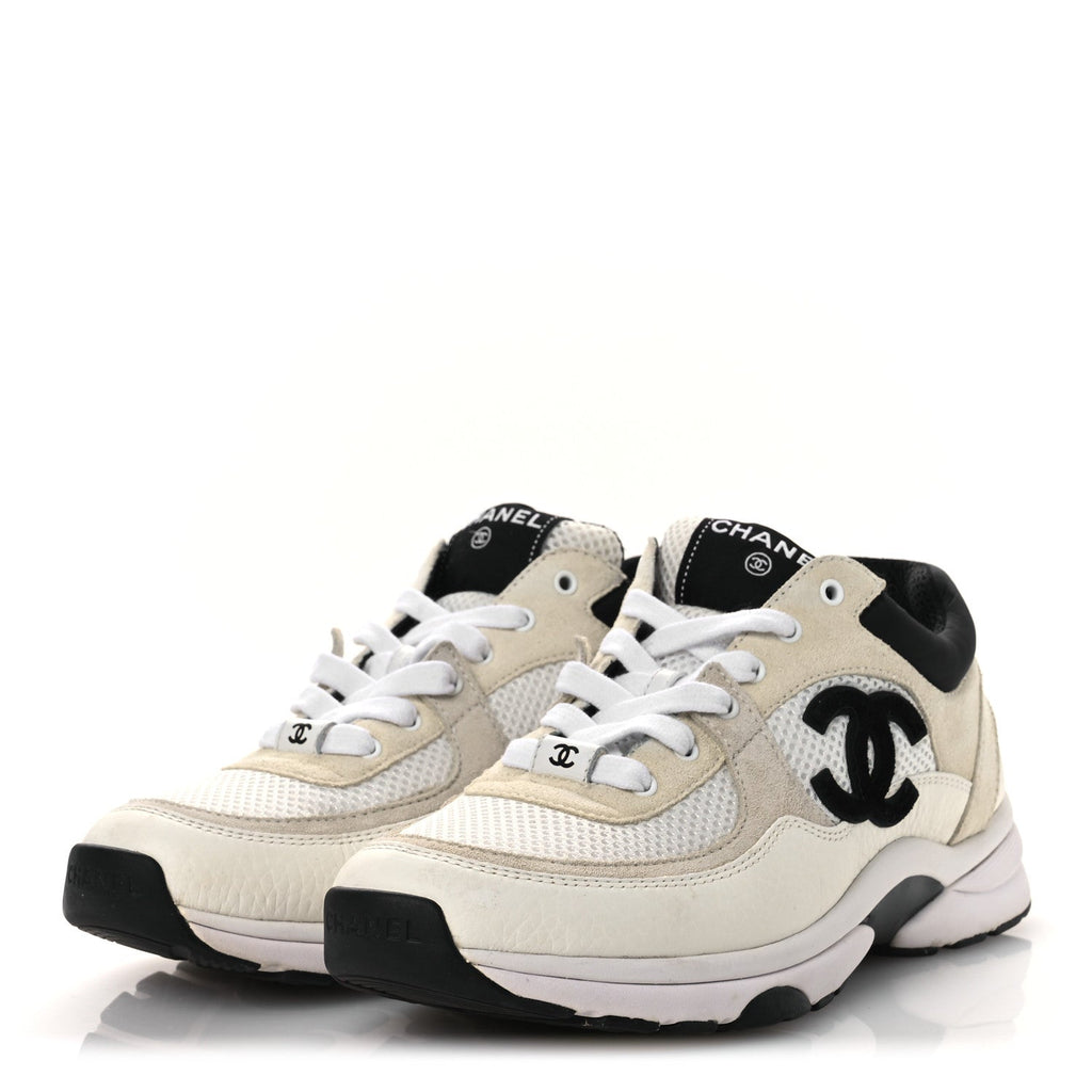 Mesh Suede Calfskin Grained Calfskin Womens CC Sneakers 38 White Black