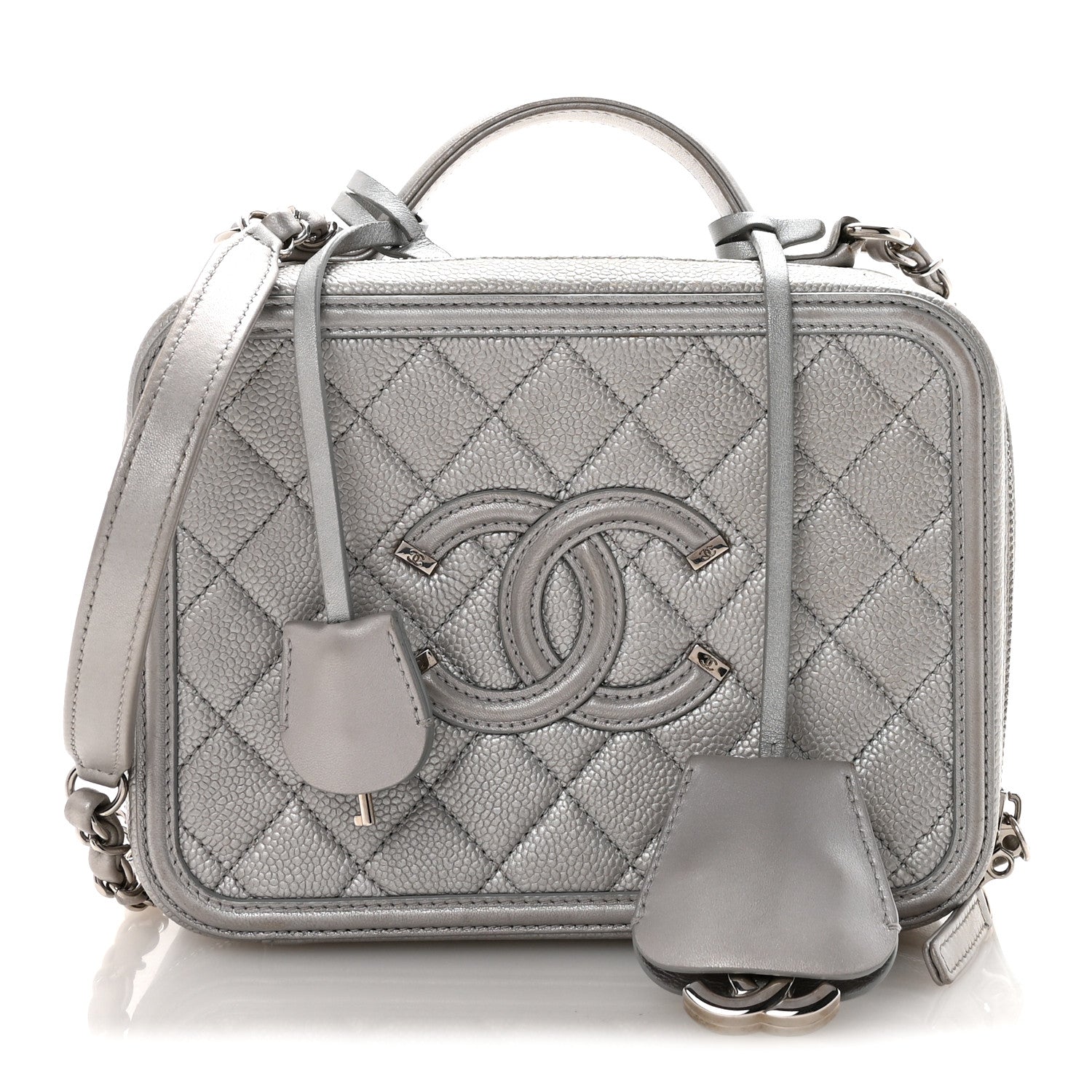 Chanel Metallic Caviar Quilted Medium CC Filigree Vanity Case Silver