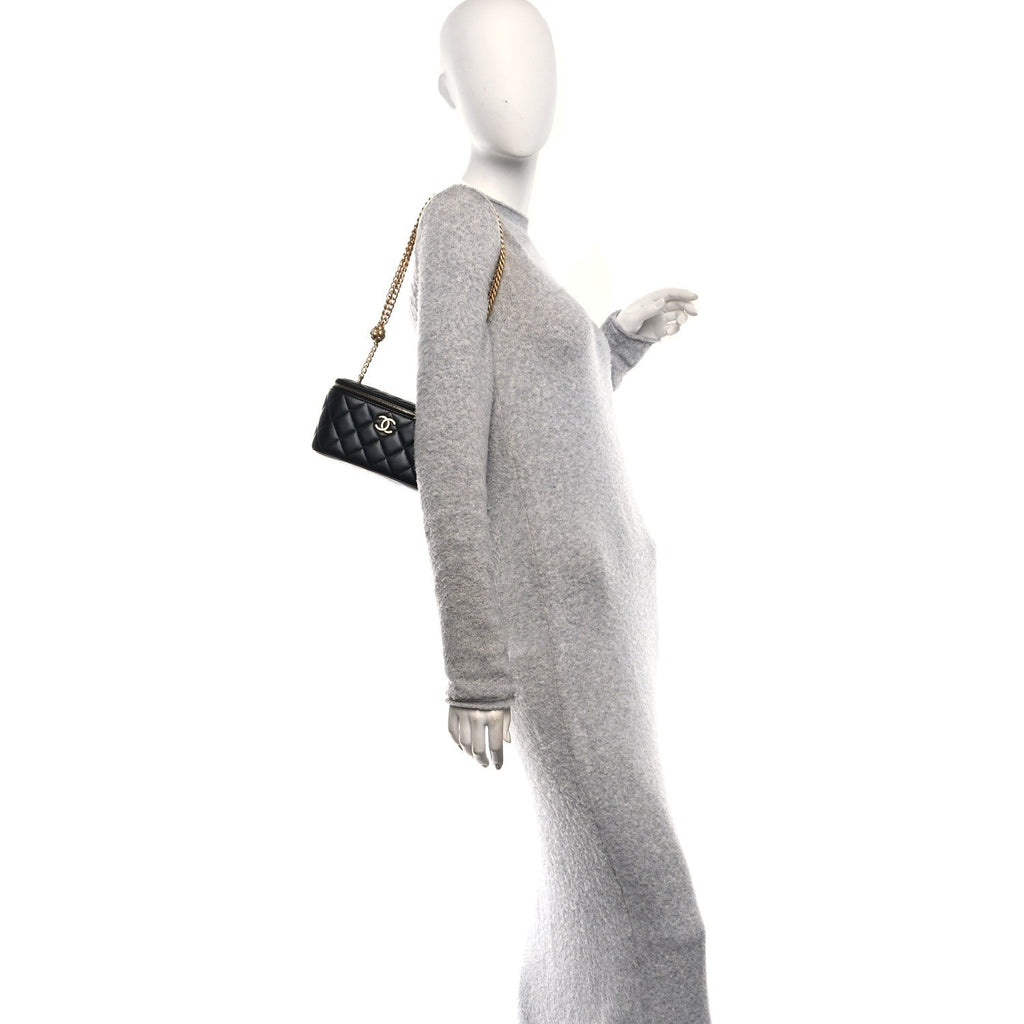 Chanel Lambskin Quilted Camellia Vanity Case Black