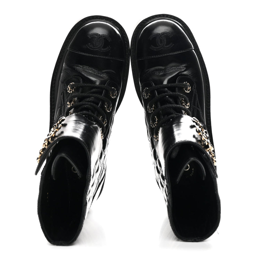 Chanel Shiny Calfskin Quilted Lace Up Combat Boots 36 Black