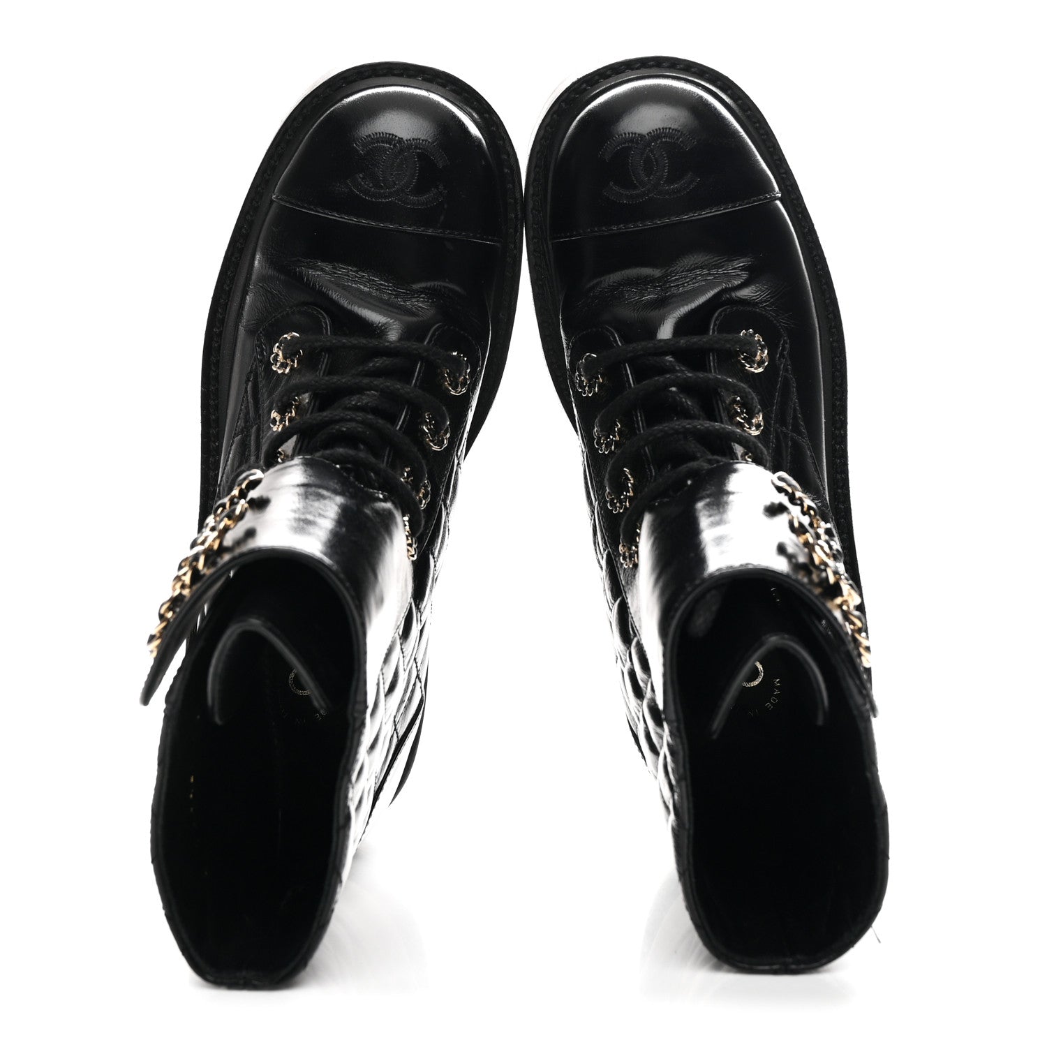 Chanel Shiny Calfskin Quilted Lace Up Combat Boots 36 Black