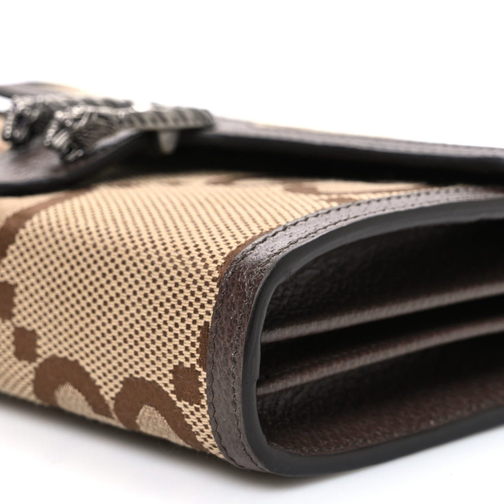 Gucci Monogram Jumbo GG Textured Dollar Calfskin Mini Dionysus Chain Wallet Camel Ebony New Acero