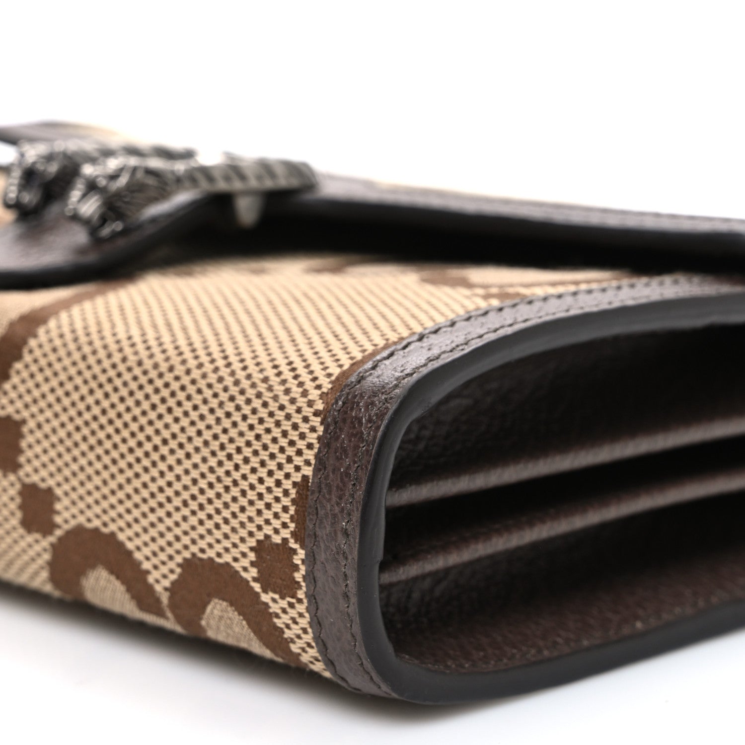 Gucci Monogram Jumbo GG Textured Dollar Calfskin Mini Dionysus Chain Wallet Camel Ebony New Acero