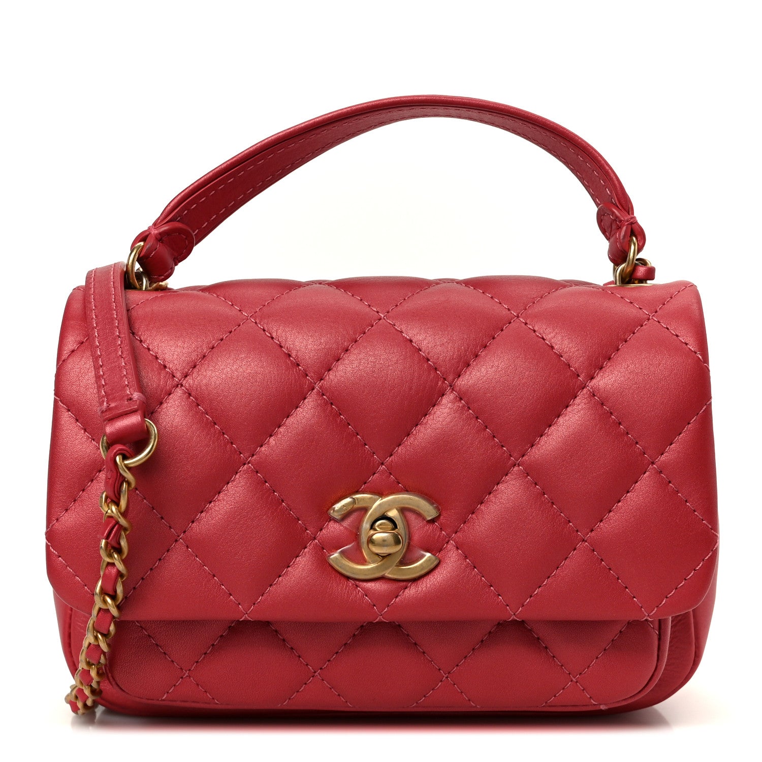 Chanel Metallic Calfskin Quilted Top Handle Flap Dark Pink