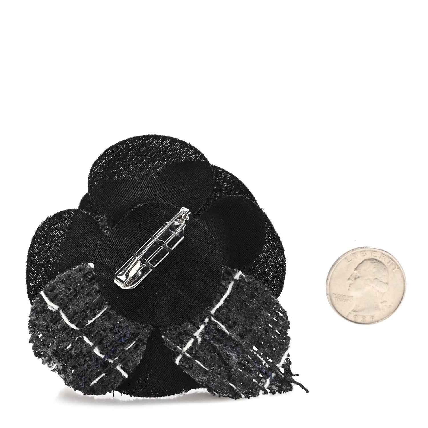 Chanel Tweed Camellia Pin Brooch Black White