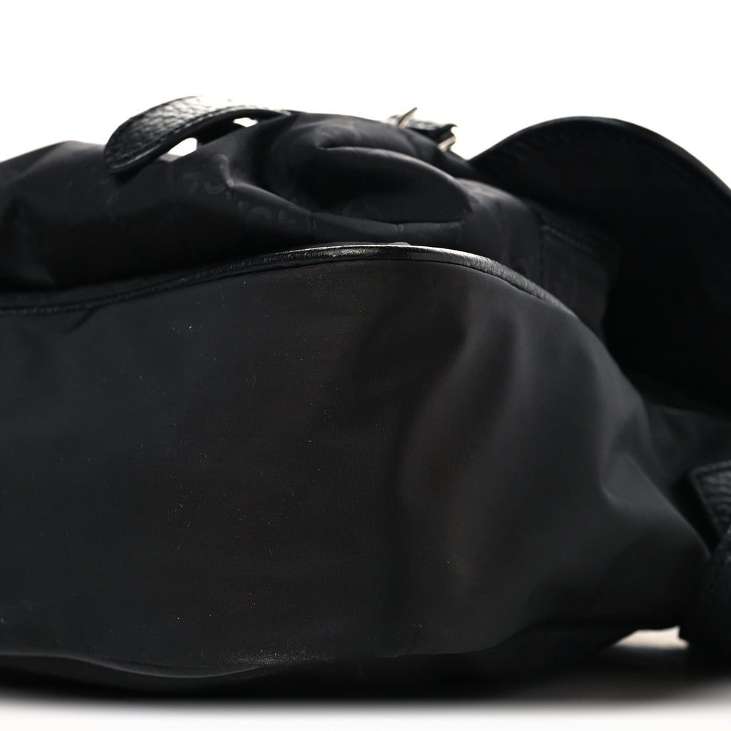 Gucci Nylon Monogram Double Buckle Flap Messenger Bag Black