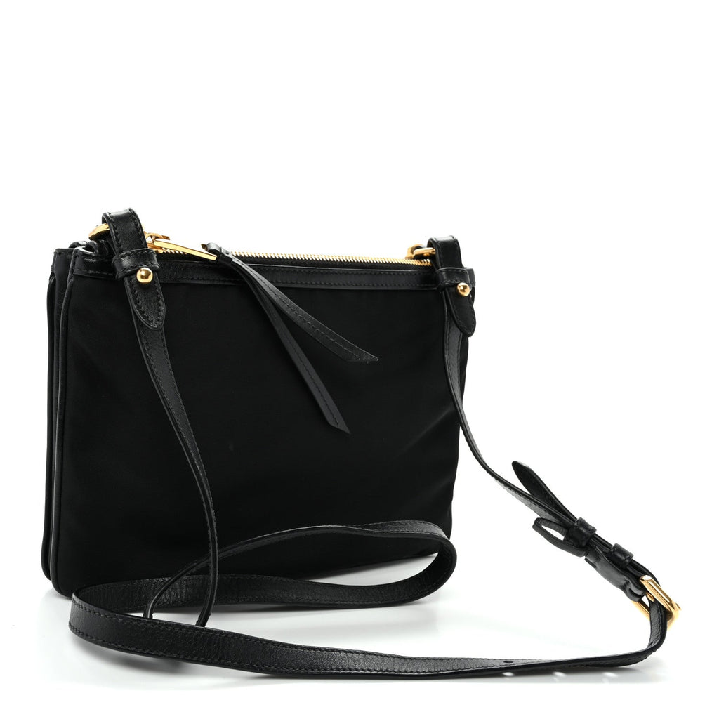 Prada Tessuto Nylon Soft Calf Double Zip Crossbody Bag Black