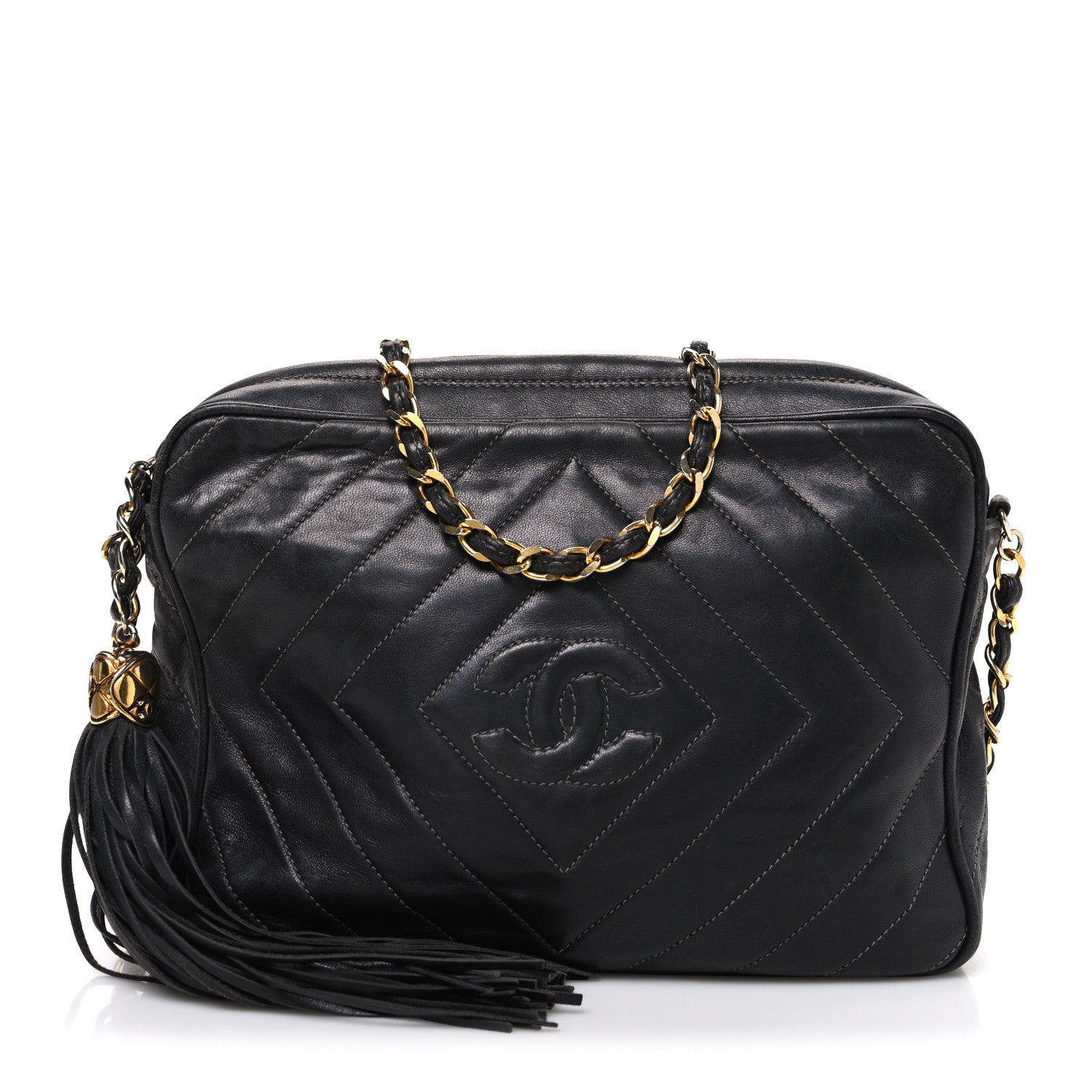 Chanel Lambskin Quilted CC Tassel Camera Case Black