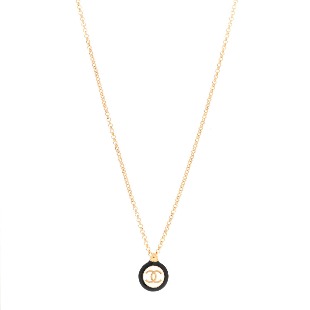 Enamel CC Medallion Chain Necklace Gold Black White