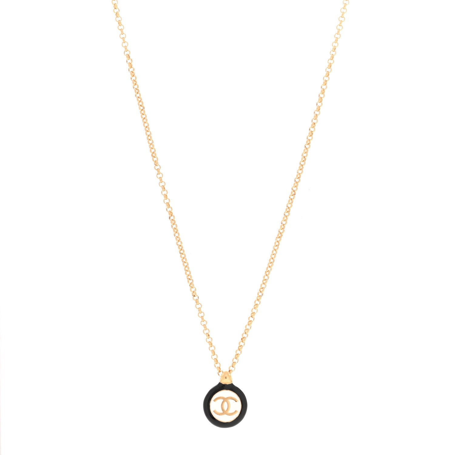 Enamel CC Medallion Chain Necklace Gold Black White
