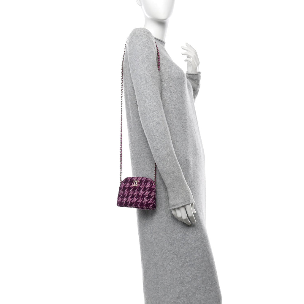 Chanel Tweed Quilted Mini Clutch With Chain Purple