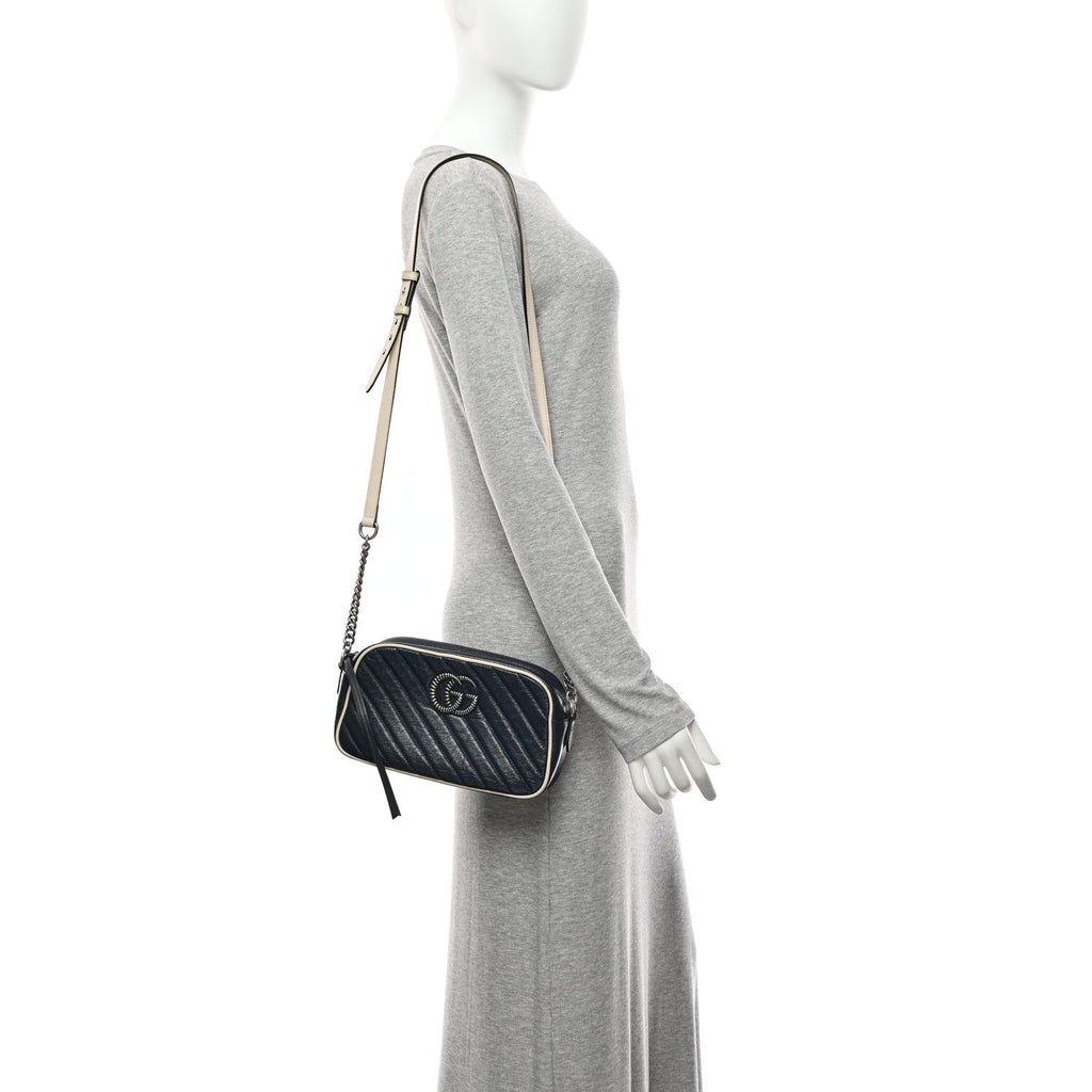 Gucci Vintage Effect Calfskin Matelasse Diagonal Small Torchon GG Marmont Chain Shoulder Bag Blue Agata Mystic White