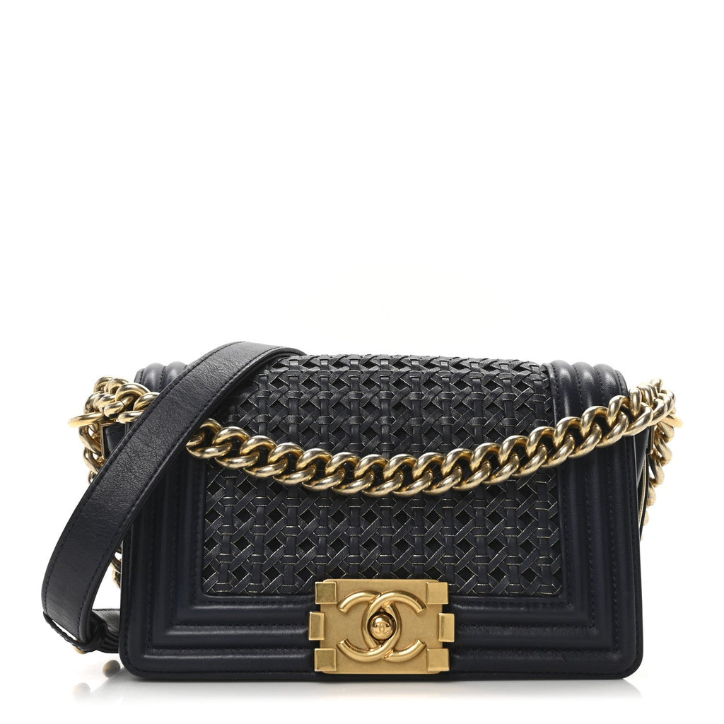 Chanel Sheepskin Braided Small Boy Reverso Flap Navy