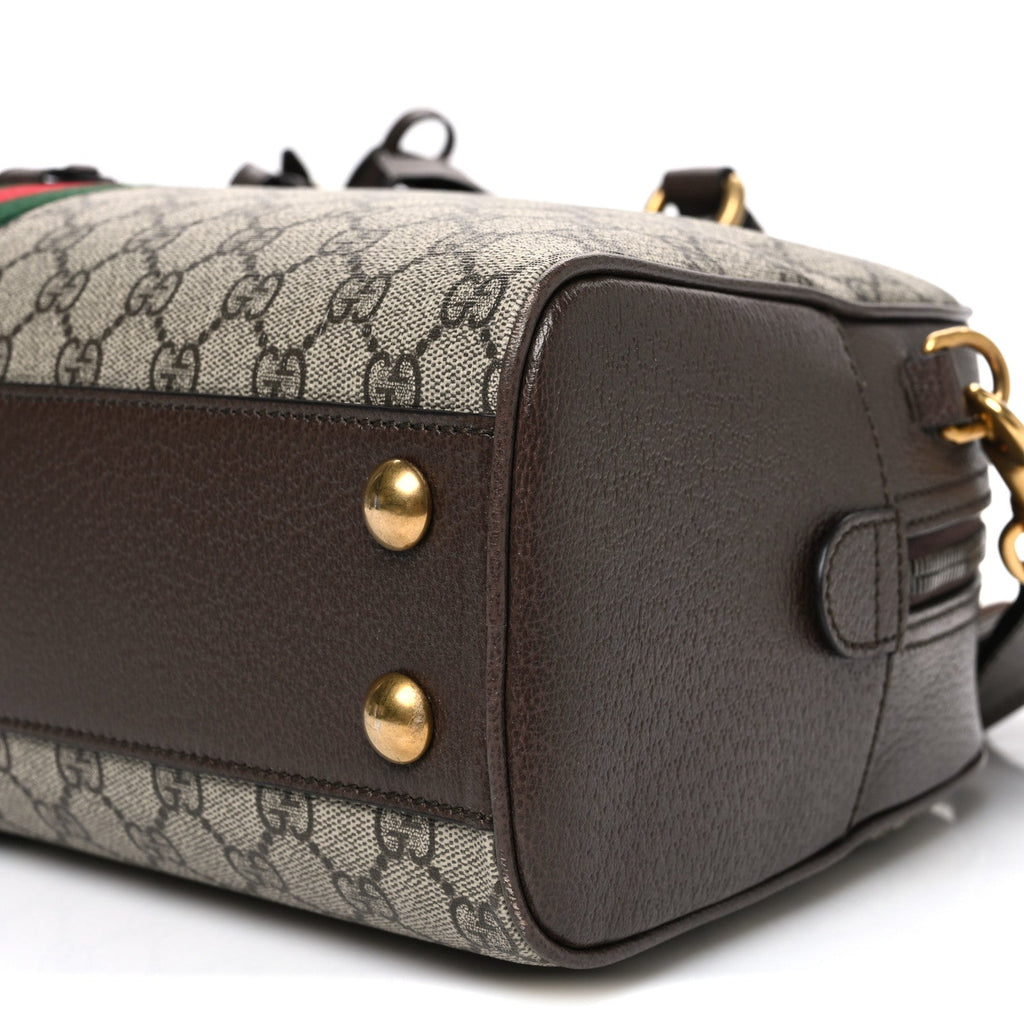 Gucci GG Supreme Monogram Textured Dollar Calfskin Web Medium Savoy Bowling Bag Beige Ebony New Acero