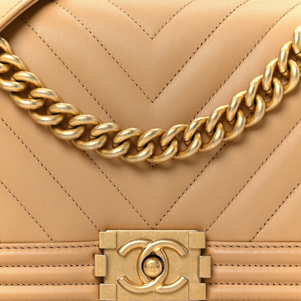 Chanel Lambskin Chevron Quilted Medium Boy Flap Beige