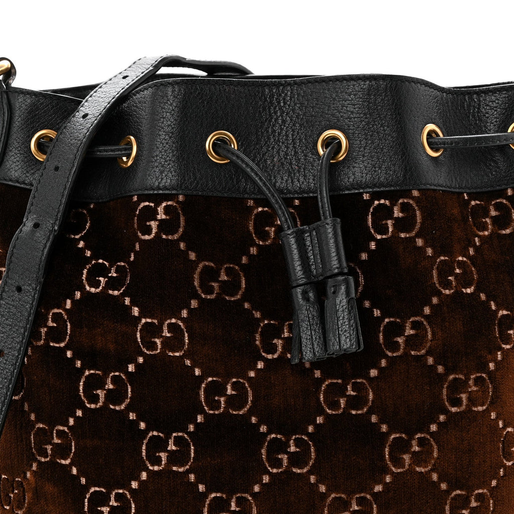 Gucci Velvet GG Monogram Textured Calfskin Web Bucket Bag Brown Black