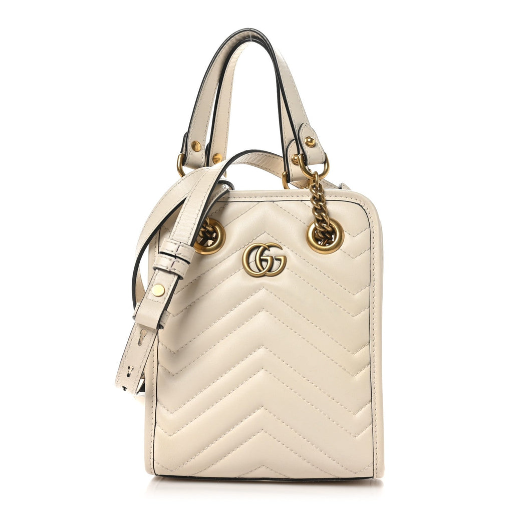 Gucci Calfskin Matelasse Chevron Mini GG Marmont Tote Mystic White