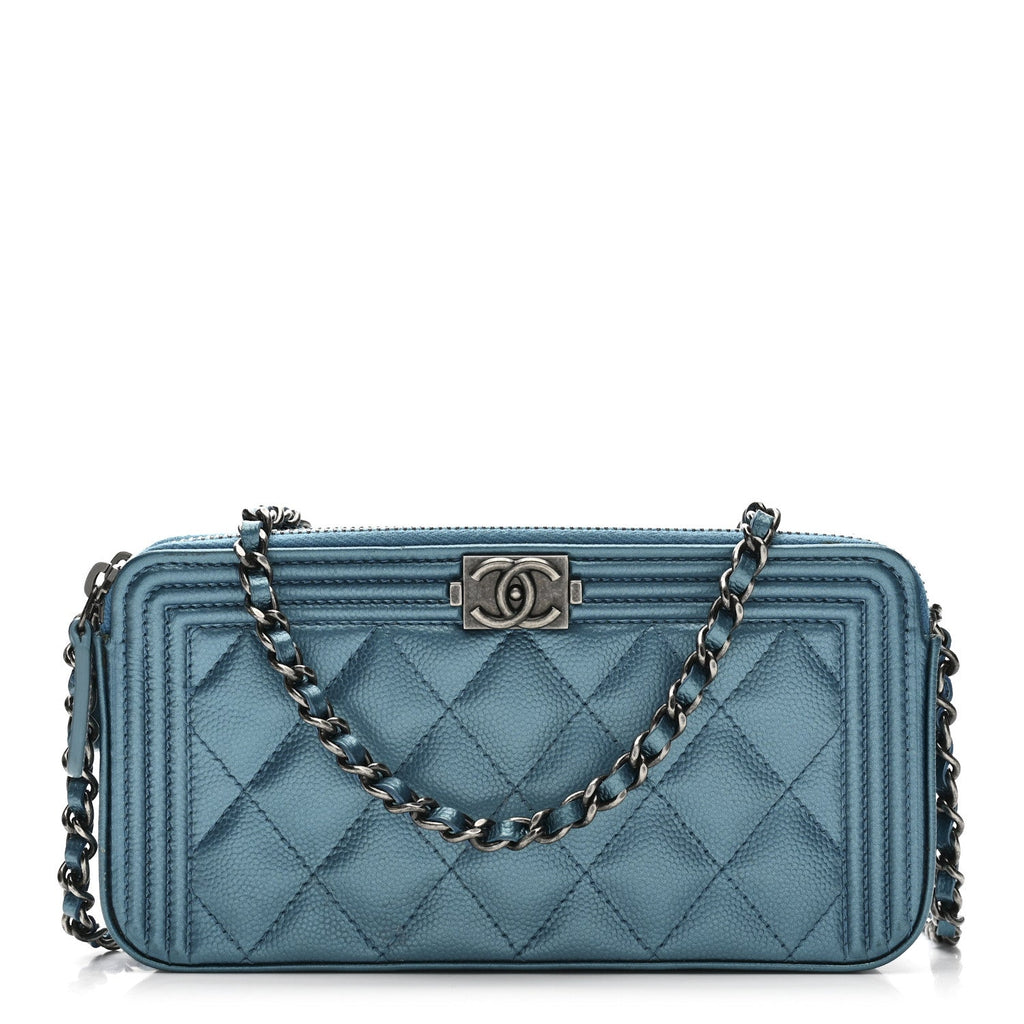 Chanel Metallic Caviar Quilted Small Boy Clutch With Chain Turquoise