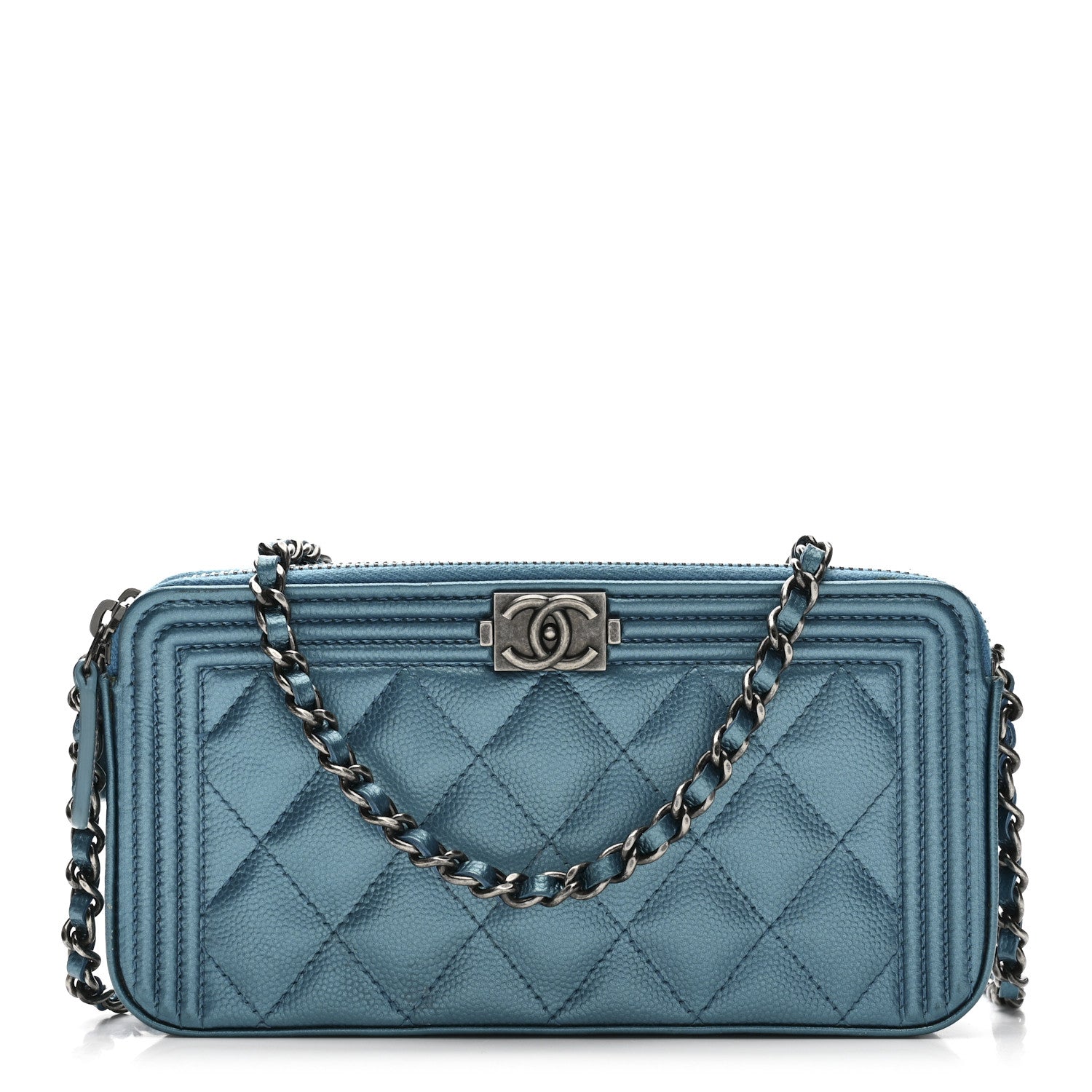 Chanel Metallic Caviar Quilted Small Boy Clutch With Chain Turquoise