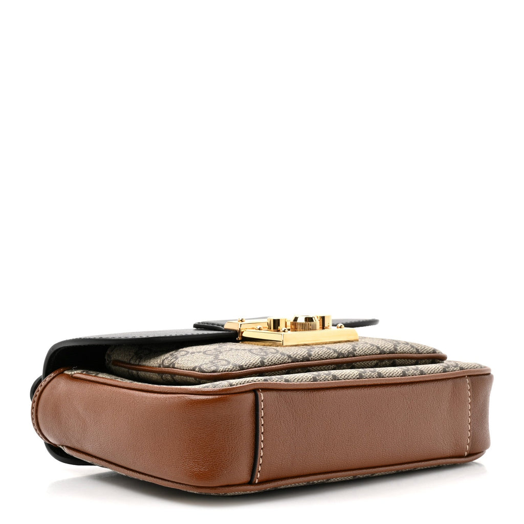 Gucci GG Supreme Monogram New Sakai Lux Calfskin Mini Padlock Flap Pocket Shoulder Bag Beige Ebony Black Cuir