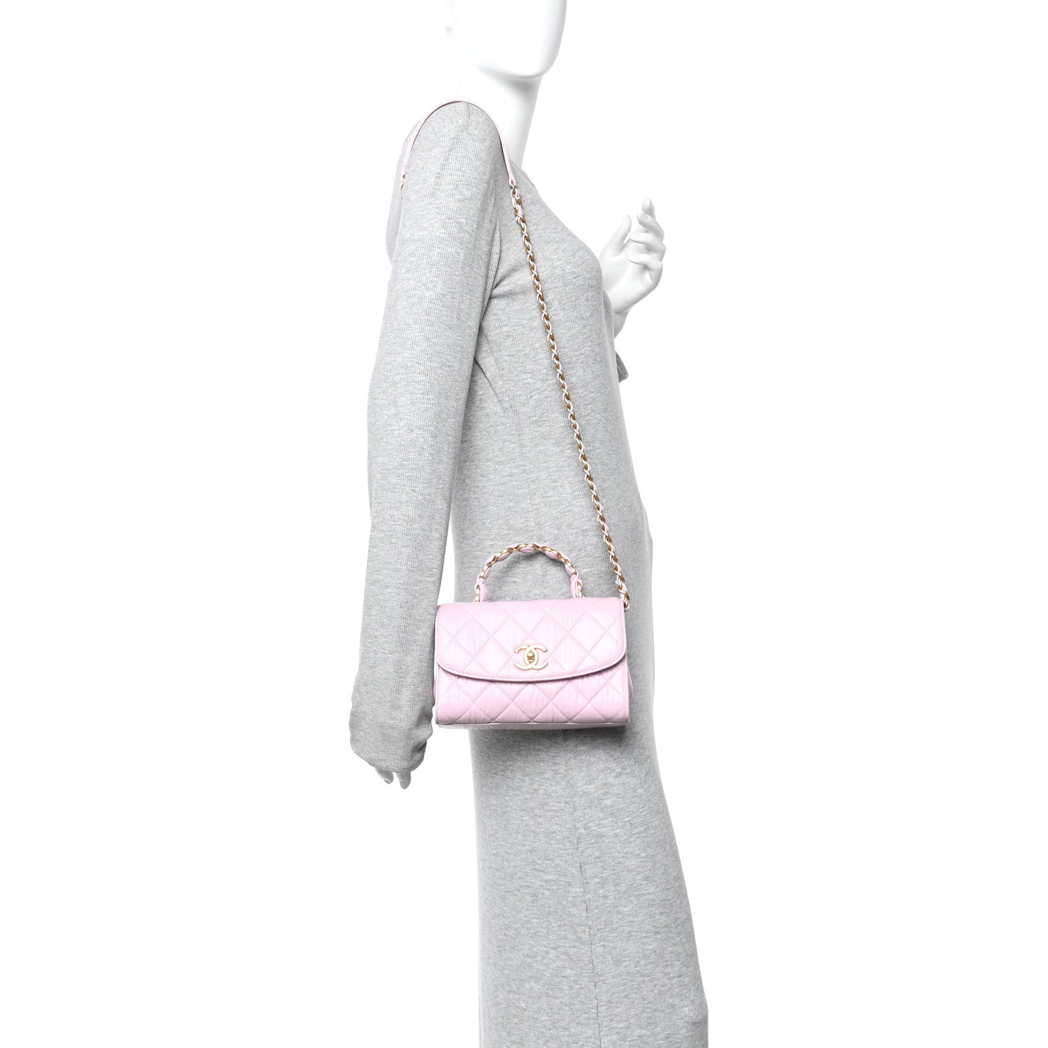 Chanel Crumpled Lambskin Quilted Mini CC Links Top Handle Flap Light Pink