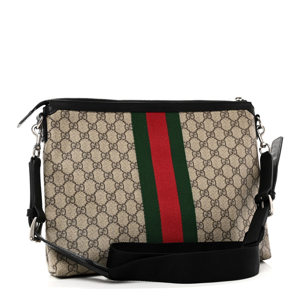 Gucci GG Supreme Monogram Calfskin Web Medium Flat Messenger Bag Beige Ebony Black