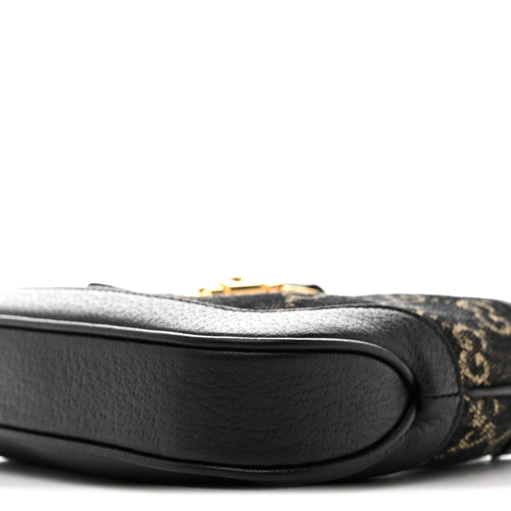 Gucci Jacquard Black Denim GG Monogram Textured Dollar Calfskin Mini Jackie 1961 Hobo Black Ivory