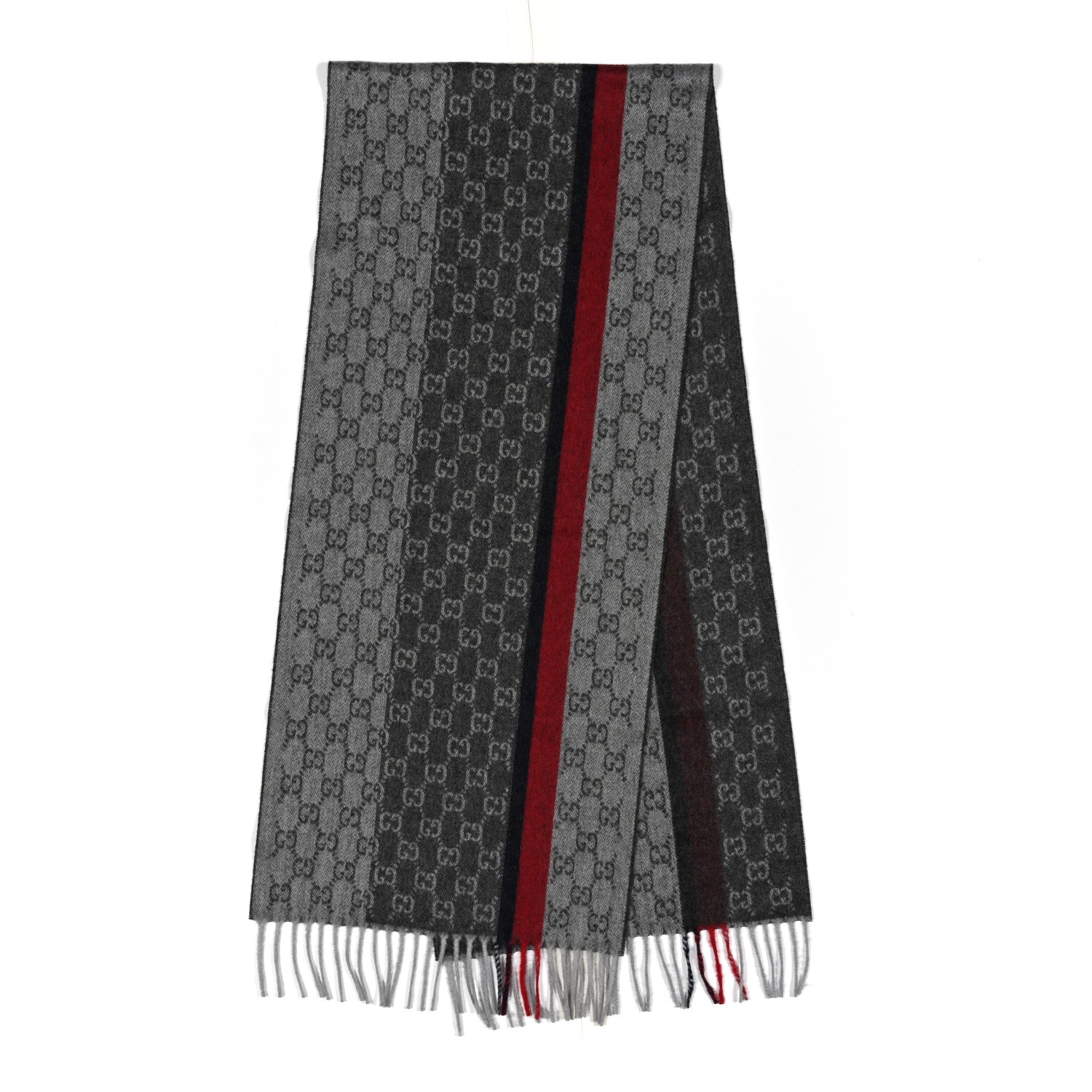 Gucci Cashmere Monogram Web Fringe Scarf Grey Red Navy