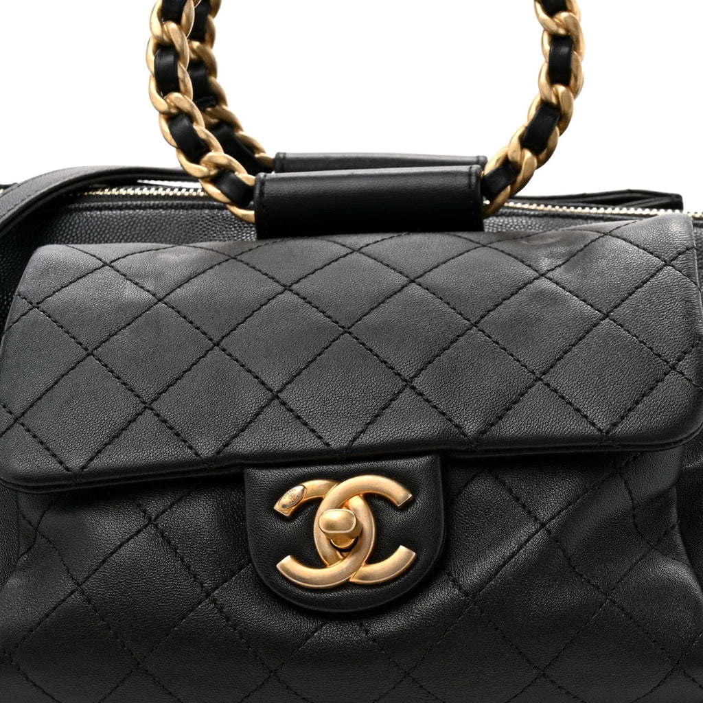 Chanel Grained Calfskin Lambskin Quilted Large Bowling Bag Black