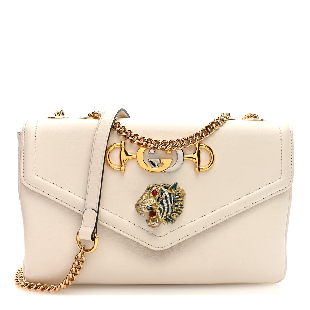 Gucci Vitello Palmellato Lux Crystal Medium Rajah Shoulder Bag Mystic White Multicolor