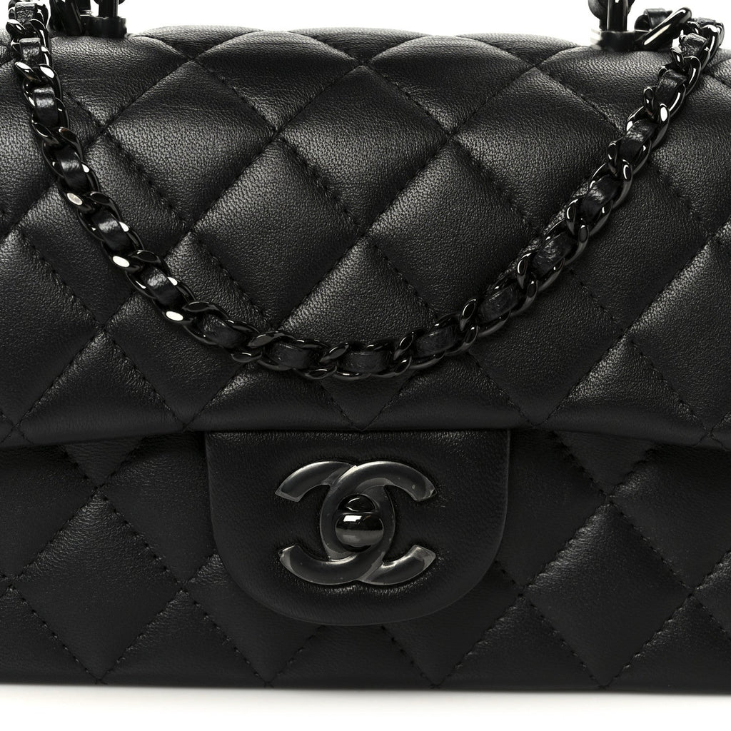 Chanel Lambskin Quilted Mini Top Handle Rectangular Flap So Black