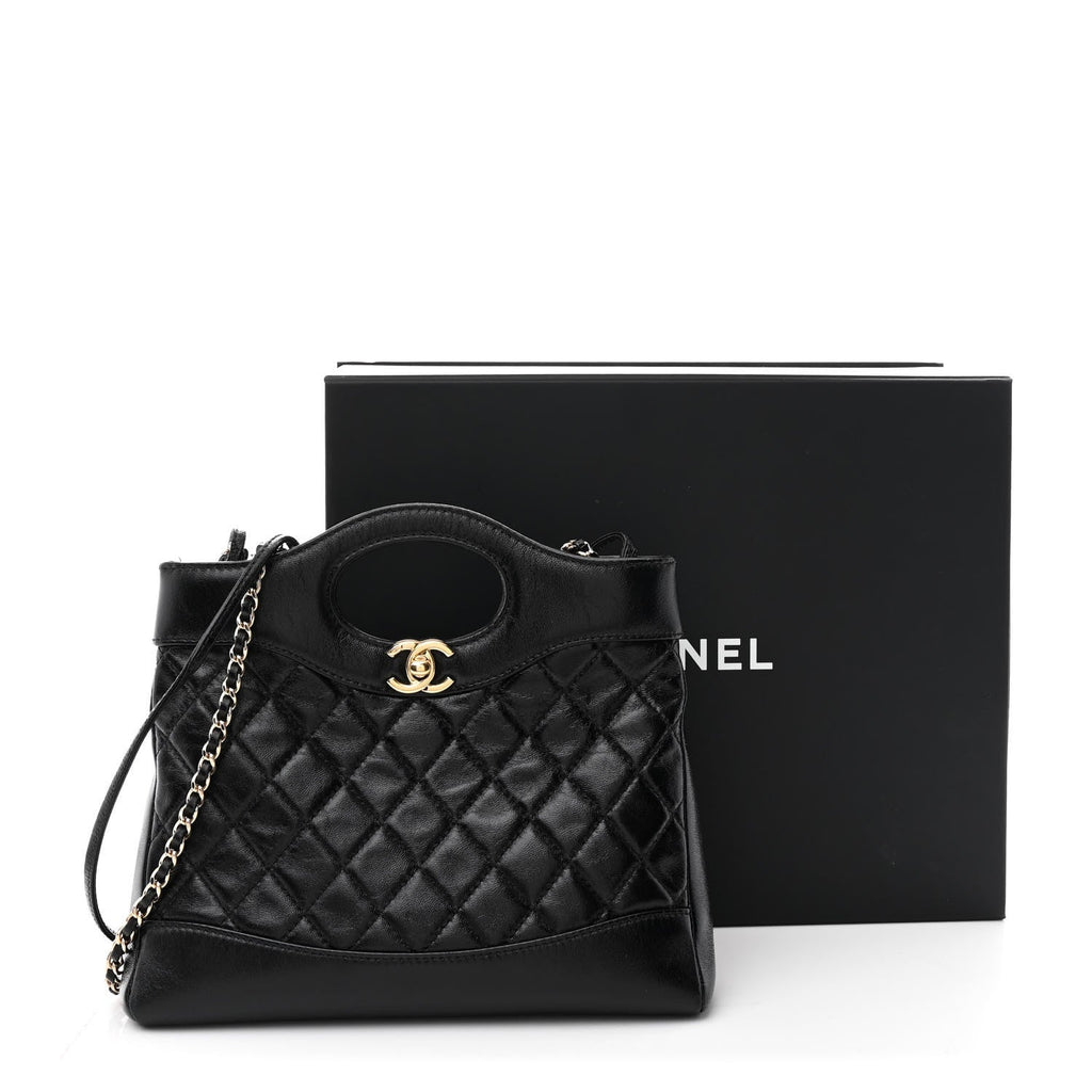 Chanel Shiny Crumpled Calfskin Quilted Mini 31 Shopping Bag Black