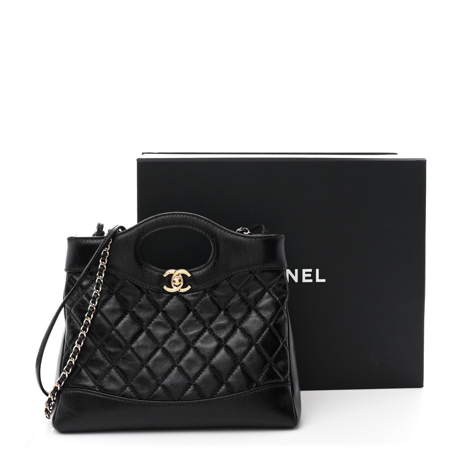Chanel Shiny Crumpled Calfskin Quilted Mini 31 Shopping Bag Black