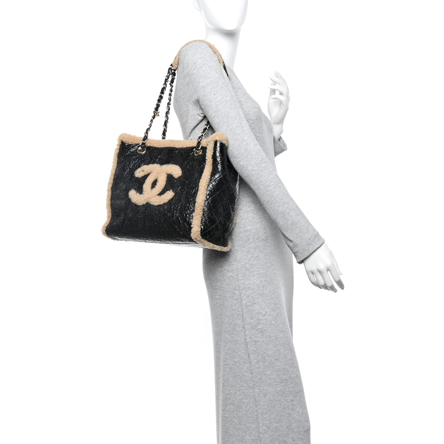 Chanel Shiny Crumpled Sheepskin Shearling CC Mania Tote Bag Black Beige