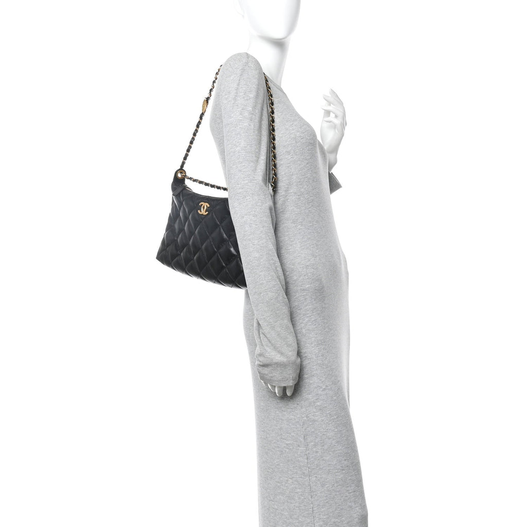 Chanel Shiny Lambskin Quilted CC Hobo Black