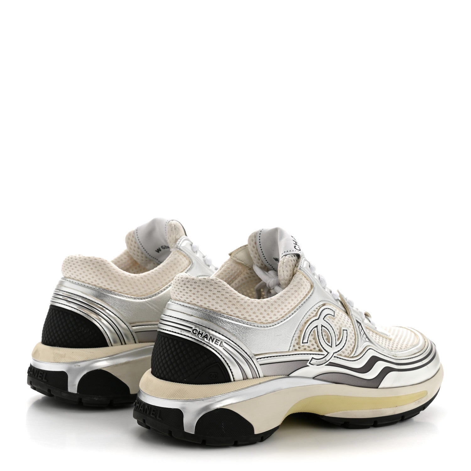 Fabric Laminated Calfskin Stretch CC Sneakers 36 White Silver