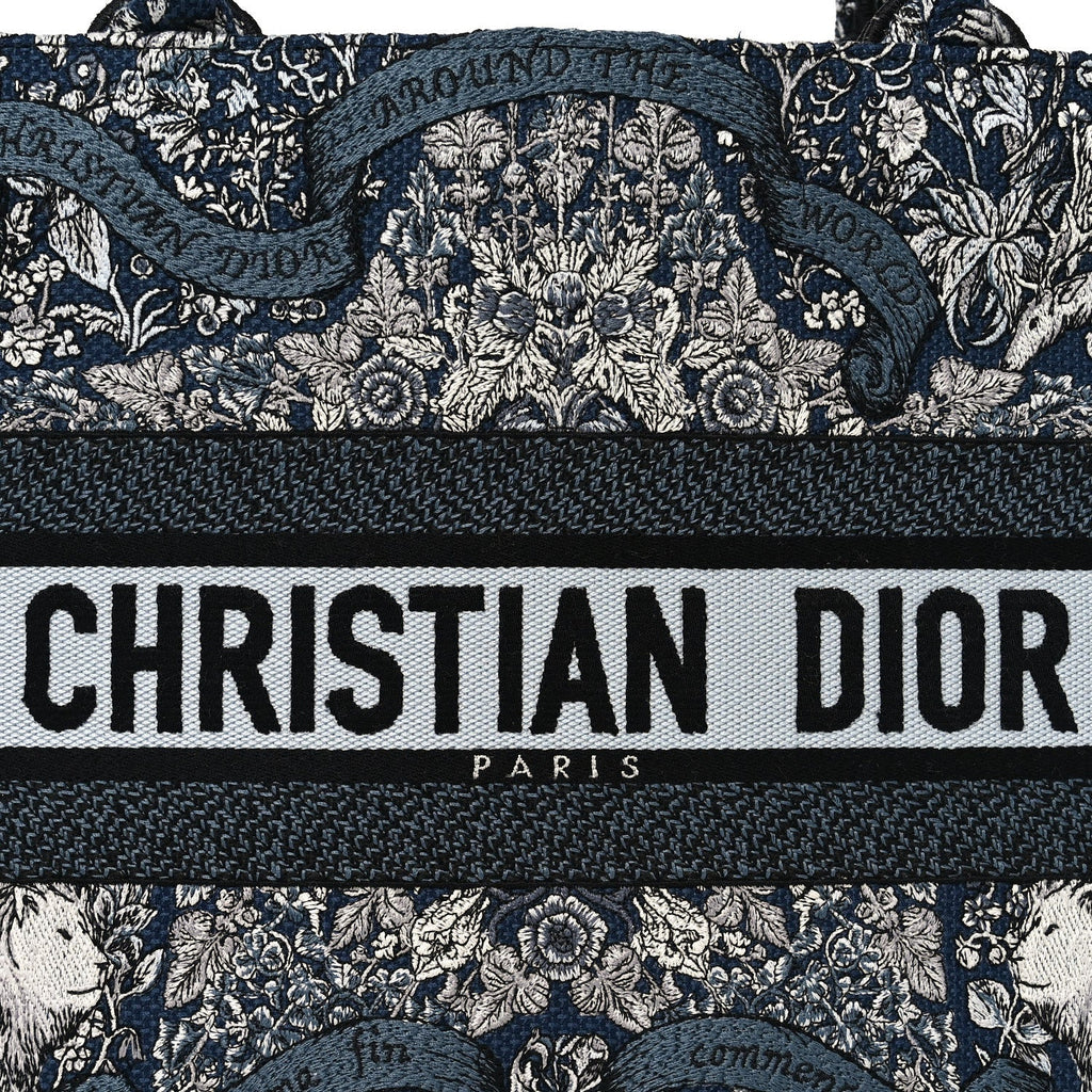 Christian Dior Canvas Embroidered Medium Around The World Book Tote Blue