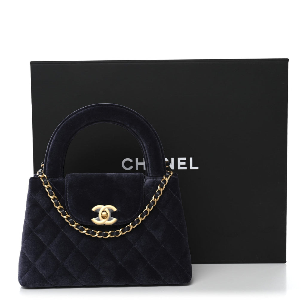 Chanel Velvet Quilted Nano Kelly Shopper Navy