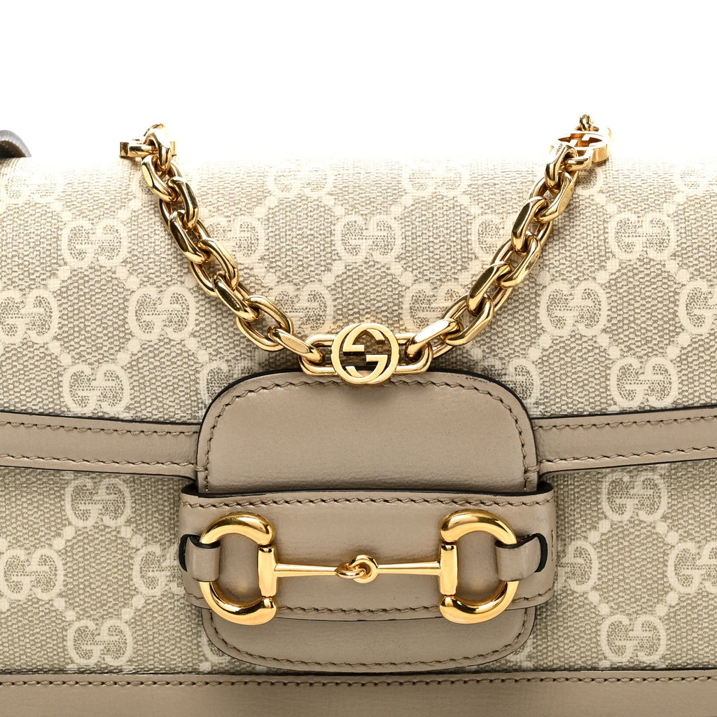 Gucci GG Supreme Monogram Small Horsebit 1955 Chain Shoulder Bag Beige Mystic White