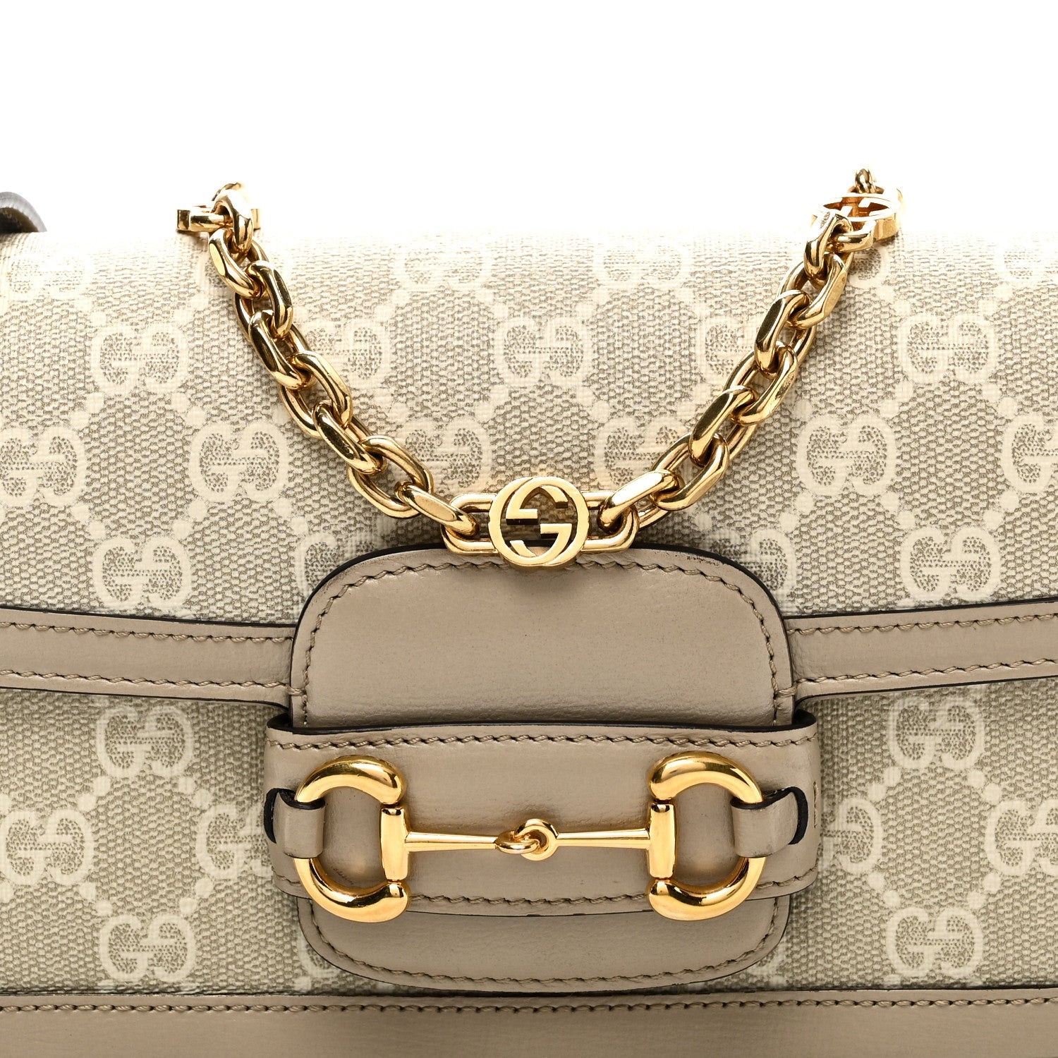 Gucci GG Supreme Monogram Small Horsebit 1955 Chain Shoulder Bag Beige Mystic White