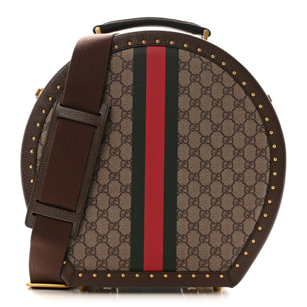 Gucci GG Supreme Monogram Textured Dollar Calfskin Web Savoy Hat Box Beige Ebony New Acero